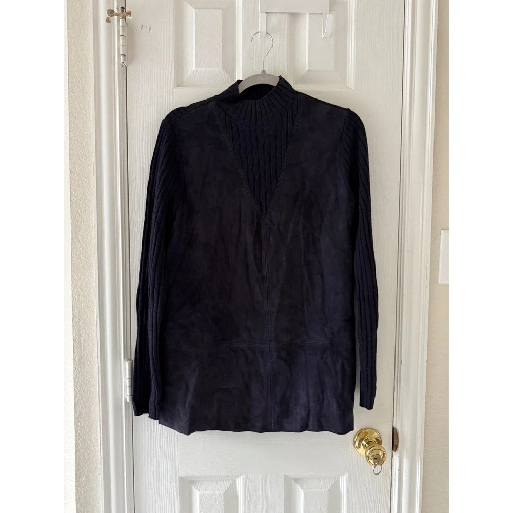 Tory Burch Molly Leather Front Merino Wool Mock Neck Sweater Navy Women's Medium